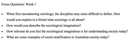 Soc 100 Exam #1 Study Guide. Sociological Imagination. Click the card to flip 👆. The ability to see the connections between our personal experience and the larger forces of history. Used to think critically about the world around us. -Focus on the social. -Stepping outside your own perspective.